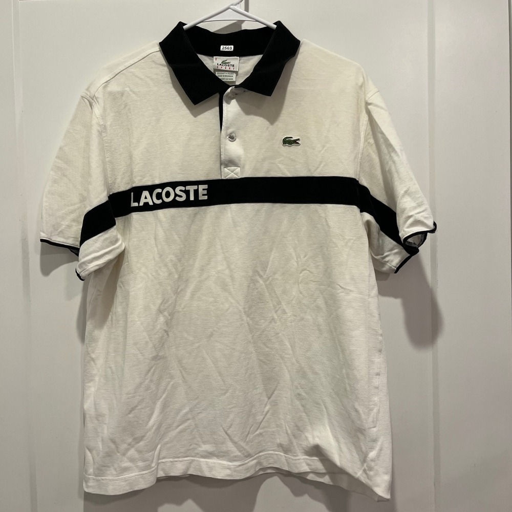 Lacoste Sport Mens White Black Striped Logo Polo Shirt Size 6 XL RN 87651